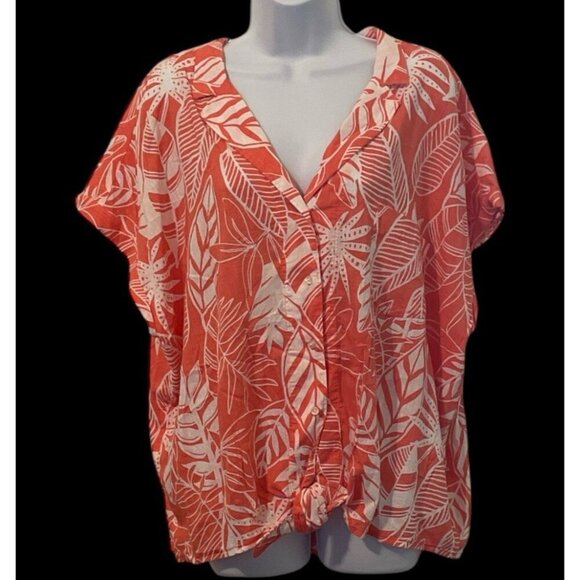 Old Navy Floral Button Front Top Size XXL Orange Hawaiian Short Sleeve - Picture 3 of 14
